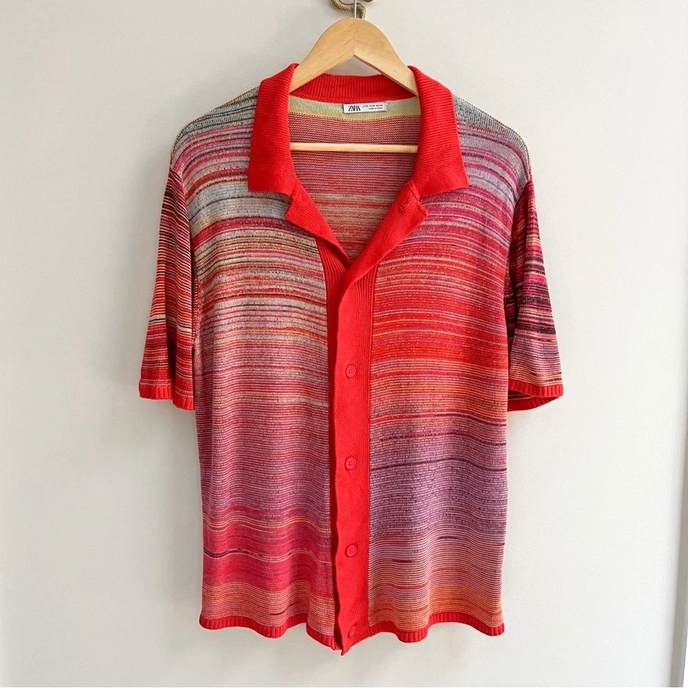 Zara Multicolor Red Stripe Short Sleeve Button Down Shirt